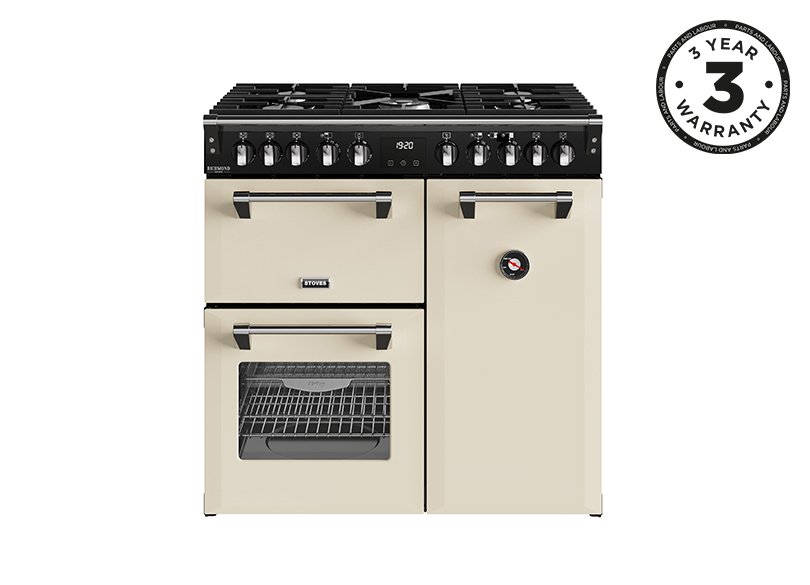 90cm Dual fuel range cooker with a 5 burner gas hob, conventional oven & grill, multifunction main oven with TrueTemp, AirFry & SteamCleanse, and a large capacity tall fanned oven with PROFLEX™