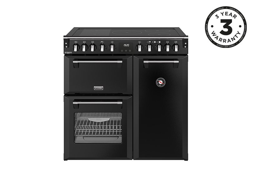 90cm Elecric range cooker with a 5 zone rotary control induction hob, conventional oven & grill, multifunction main oven withTrueTemp, AirFry & SteamCleanse, and a large capacity tall fanned oven with PROFLEX™