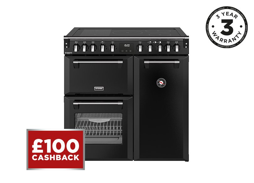 90cm Elecric range cooker with a 5 zone rotary control induction hob, conventional oven & grill, multifunction main oven withTrueTemp, AirFry & SteamCleanse, and a large capacity tall fanned oven with PROFLEX™