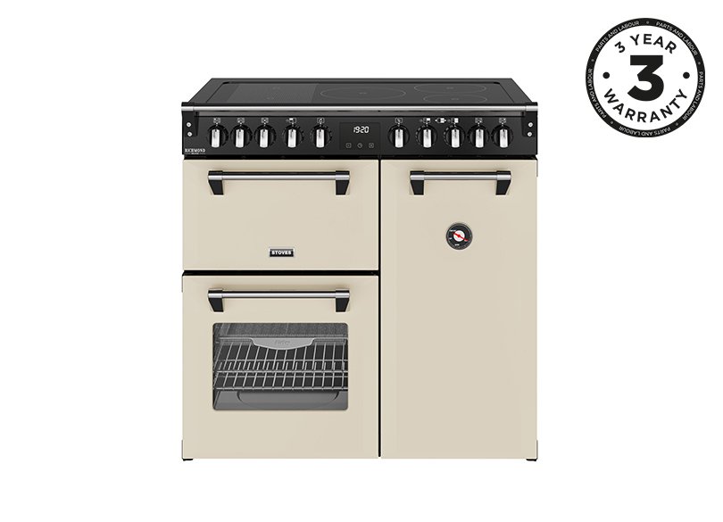 90cm Elecric range cooker with a 5 zone rotary control induction hob, conventional oven & grill, multifunction main oven withTrueTemp, AirFry & SteamCleanse, and a large capacity tall fanned oven with PROFLEX™