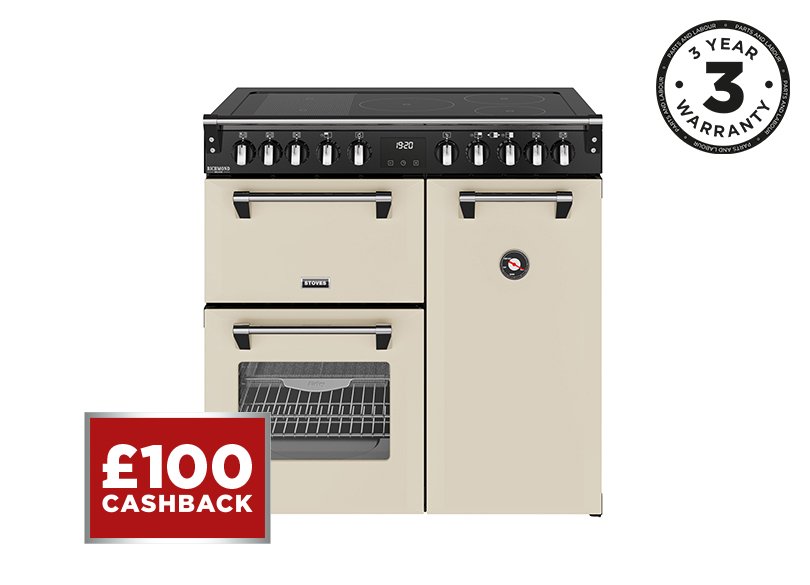 90cm Elecric range cooker with a 5 zone rotary control induction hob, conventional oven & grill, multifunction main oven withTrueTemp, AirFry & SteamCleanse, and a large capacity tall fanned oven with PROFLEX™