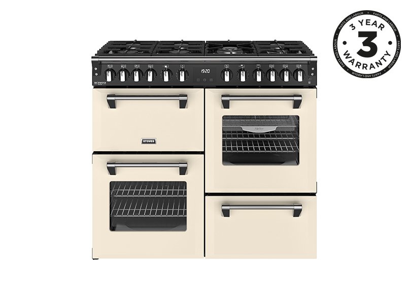 100cm Dual fuel range cooker with a 7 burner gas hob, conventional oven & grill, multifunction main oven with TrueTemp, AirFry & SteamCleanse, fanned second oven and dedicated slow cook oven
