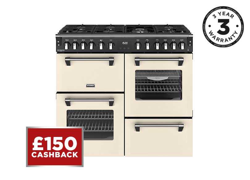 100cm Dual fuel range cooker with a 7 burner gas hob, conventional oven & grill, multifunction main oven with TrueTemp, AirFry & SteamCleanse, fanned second oven and dedicated slow cook oven