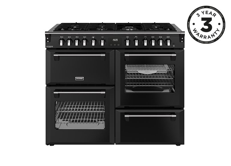 110cm Dual fuel range cooker with a 7 burner gas hob, conventional oven & grill, multifunction main oven with TrueTemp, AirFry & SteamCleanse, fanned second oven and dedicated slow cook oven