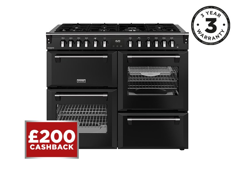 110cm Dual fuel range cooker with a 7 burner gas hob, conventional oven & grill, multifunction main oven with TrueTemp, AirFry & SteamCleanse, fanned second oven and dedicated slow cook oven