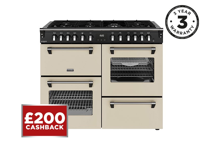 110cm Dual fuel range cooker with a 7 burner gas hob, conventional oven & grill, multifunction main oven with TrueTemp, AirFry & SteamCleanse, fanned second oven and dedicated slow cook oven