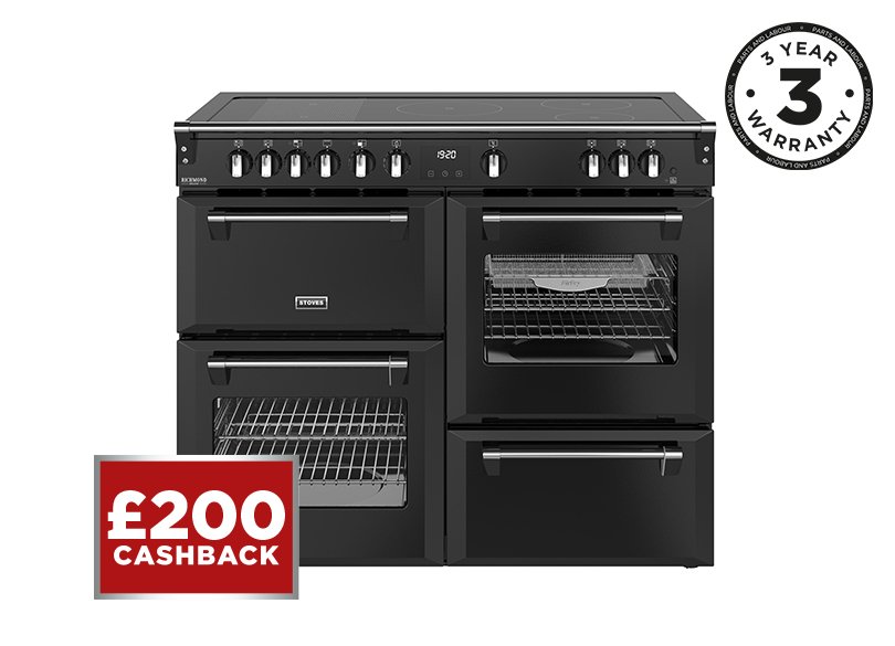 110cm Electric range cooker with a 5 zone rotary control induction hob, conventional oven & grill, multifunction main oven with TrueTemp, AirFry & SteamCleanse, fanned second oven and dedicated slow cook oven