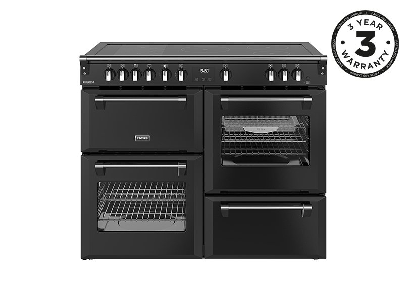 110cm Electric range cooker with a 5 zone rotary control induction hob, conventional oven & grill, multifunction main oven with TrueTemp, AirFry & SteamCleanse, fanned second oven and dedicated slow cook oven