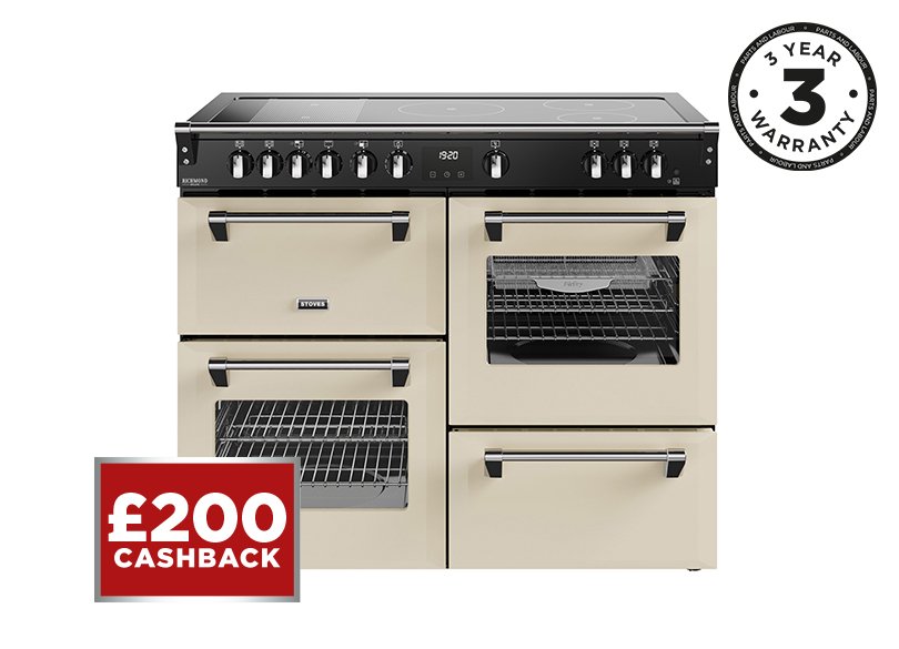110cm Electric range cooker with a 5 zone rotary control induction hob, conventional oven & grill, multifunction main oven with TrueTemp, AirFry & SteamCleanse, fanned second oven and dedicated slow cook oven