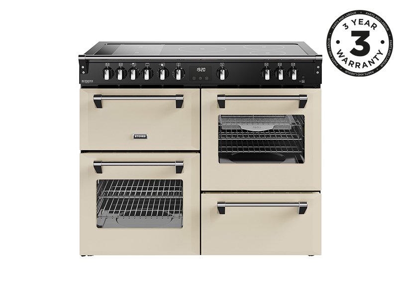 110cm Electric range cooker with a 5 zone rotary control induction hob, conventional oven & grill, multifunction main oven with TrueTemp, AirFry & SteamCleanse, fanned second oven and dedicated slow cook oven
