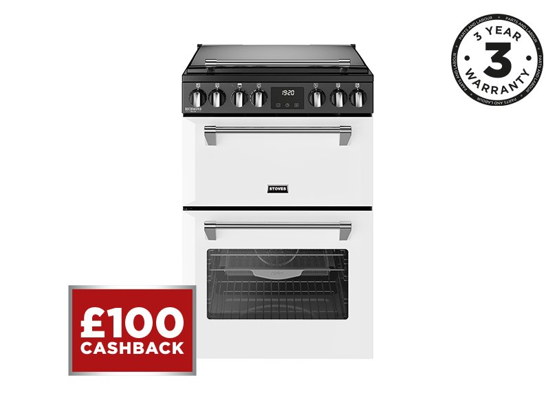60cm Electric range cooker with a 4 zone induction hob, conventional oven & grill, and multifunction main oven with TrueTemp, AirFry & SteamCleanse