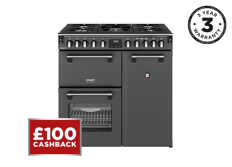 90cm Dual fuel range cooker with a 5 burner gas hob, conventional oven & grill, multifunction main oven with TrueTemp, AirFry & SteamCleanse, and a large capacity tall fanned oven with PROFLEX™