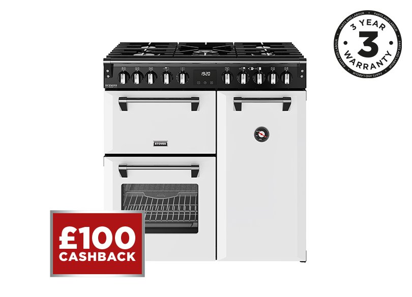 90cm Dual fuel range cooker with a 5 burner gas hob, conventional oven & grill, multifunction main oven with TrueTemp, AirFry & SteamCleanse, and a large capacity tall fanned oven with PROFLEX™