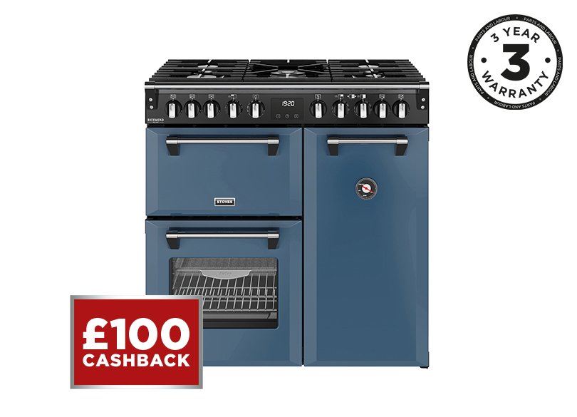 90cm Dual fuel range cooker with a 5 burner gas hob, conventional oven & grill, multifunction main oven with TrueTemp, AirFry & SteamCleanse, and a large capacity tall fanned oven with PROFLEX™