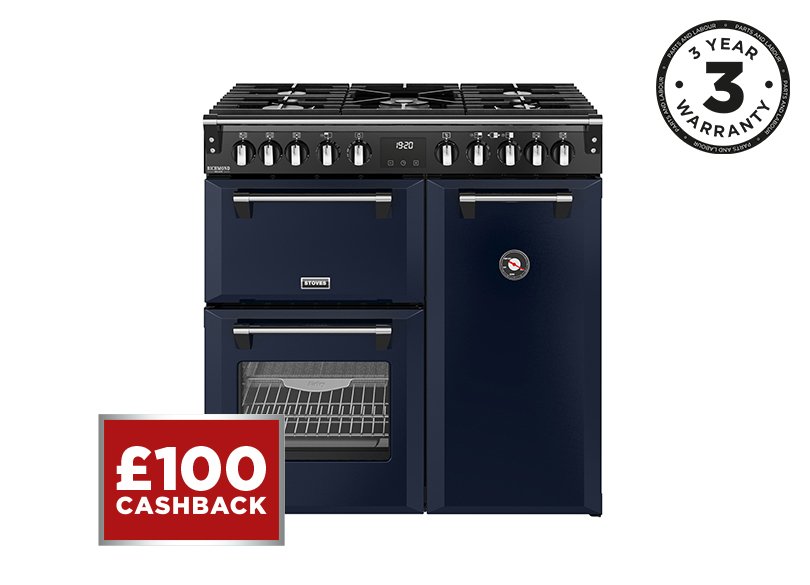 90cm Dual fuel range cooker with a 5 burner gas hob, conventional oven & grill, multifunction main oven with TrueTemp, AirFry & SteamCleanse, and a large capacity tall fanned oven with PROFLEX™