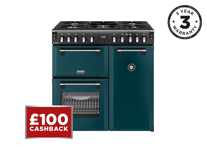 90cm Dual fuel range cooker with a 5 burner gas hob, conventional oven & grill, multifunction main oven with TrueTemp, AirFry & SteamCleanse, and a large capacity tall fanned oven with PROFLEX™