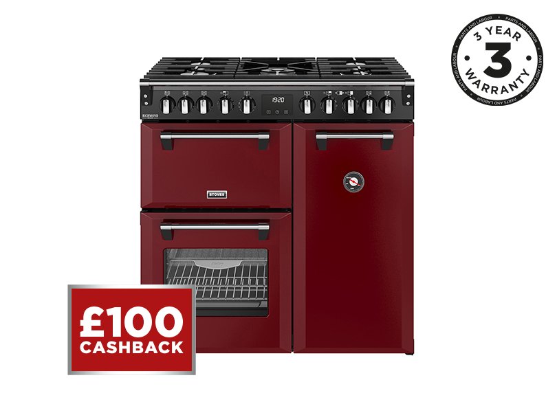 90cm Dual fuel range cooker with a 5 burner gas hob, conventional oven & grill, multifunction main oven with TrueTemp, AirFry & SteamCleanse, and a large capacity tall fanned oven with PROFLEX™