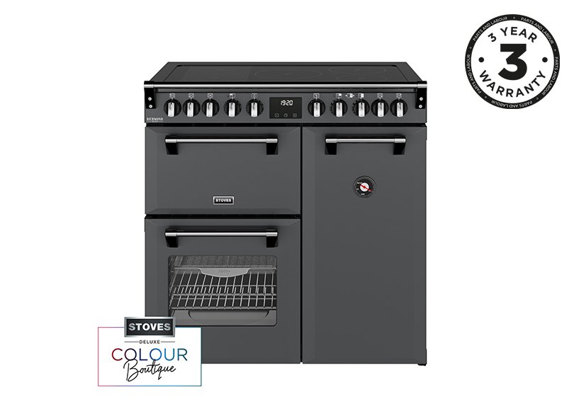 90cm Elecric range cooker with a 5 zone rotary control induction hob, conventional oven & grill, multifunction main oven withTrueTemp, AirFry & SteamCleanse, and a large capacity tall fanned oven with PROFLEX™