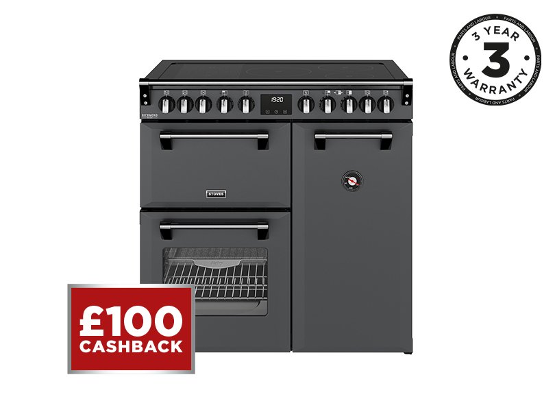 90cm Elecric range cooker with a 5 zone rotary control induction hob, conventional oven & grill, multifunction main oven withTrueTemp, AirFry & SteamCleanse, and a large capacity tall fanned oven with PROFLEX™