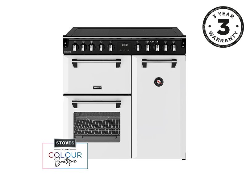 90cm Elecric range cooker with a 5 zone rotary control induction hob, conventional oven & grill, multifunction main oven withTrueTemp, AirFry & SteamCleanse, and a large capacity tall fanned oven with PROFLEX™