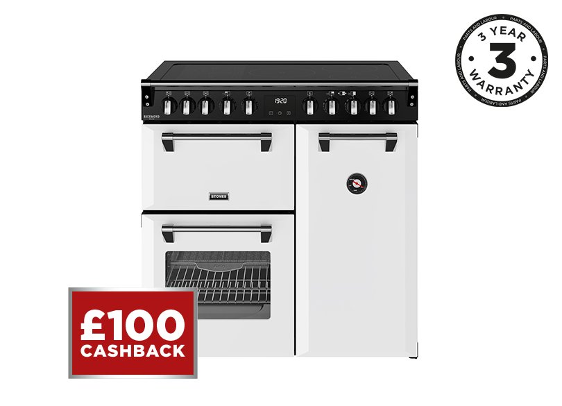 90cm Elecric range cooker with a 5 zone rotary control induction hob, conventional oven & grill, multifunction main oven withTrueTemp, AirFry & SteamCleanse, and a large capacity tall fanned oven with PROFLEX™