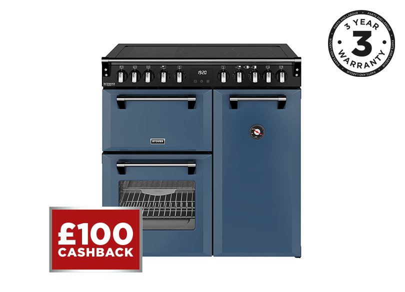 90cm Elecric range cooker with a 5 zone rotary control induction hob, conventional oven & grill, multifunction main oven withTrueTemp, AirFry & SteamCleanse, and a large capacity tall fanned oven with PROFLEX™