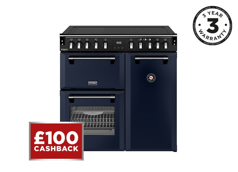90cm Elecric range cooker with a 5 zone rotary control induction hob, conventional oven & grill, multifunction main oven withTrueTemp, AirFry & SteamCleanse, and a large capacity tall fanned oven with PROFLEX™