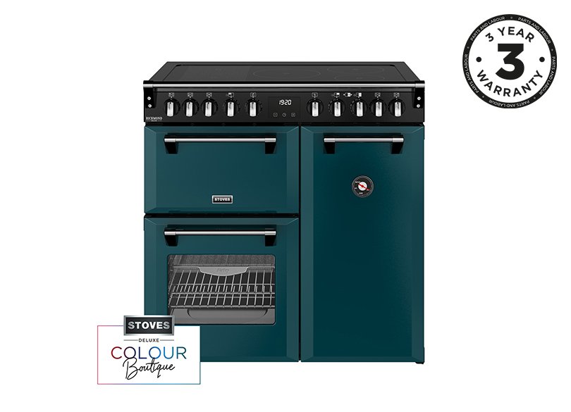 90cm Elecric range cooker with a 5 zone rotary control induction hob, conventional oven & grill, multifunction main oven withTrueTemp, AirFry & SteamCleanse, and a large capacity tall fanned oven with PROFLEX™