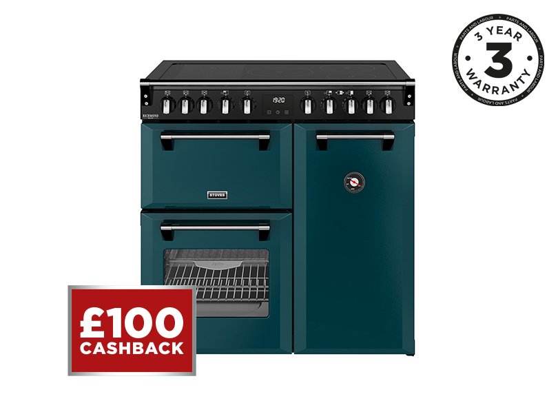90cm Elecric range cooker with a 5 zone rotary control induction hob, conventional oven & grill, multifunction main oven withTrueTemp, AirFry & SteamCleanse, and a large capacity tall fanned oven with PROFLEX™