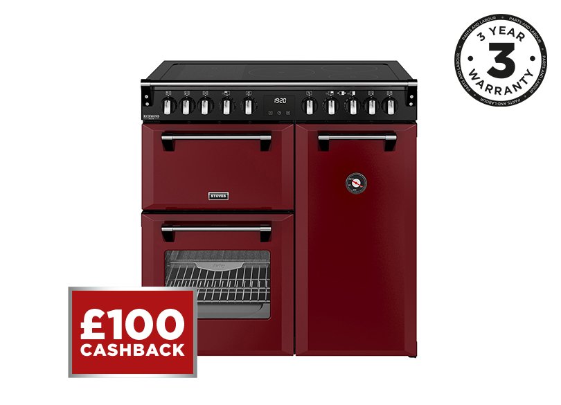 90cm Elecric range cooker with a 5 zone rotary control induction hob, conventional oven & grill, multifunction main oven withTrueTemp, AirFry & SteamCleanse, and a large capacity tall fanned oven with PROFLEX™