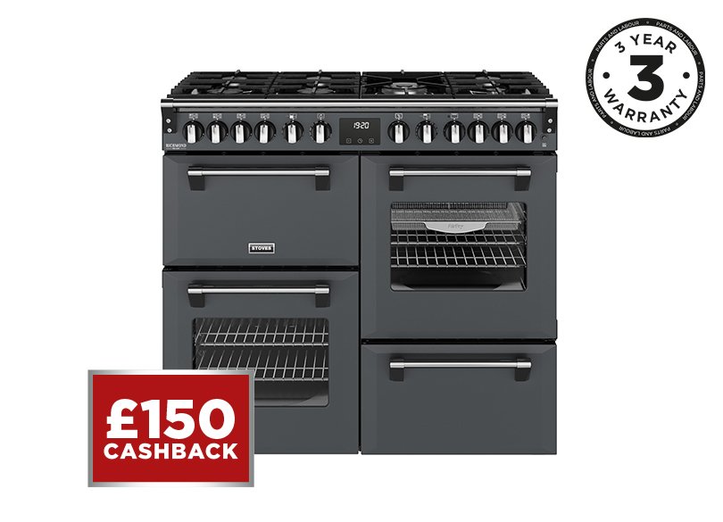 100cm Dual fuel range cooker with a 7 burner gas hob, conventional oven & grill, multifunction main oven with TrueTemp, AirFry & SteamCleanse, fanned second oven and dedicated slow cook oven