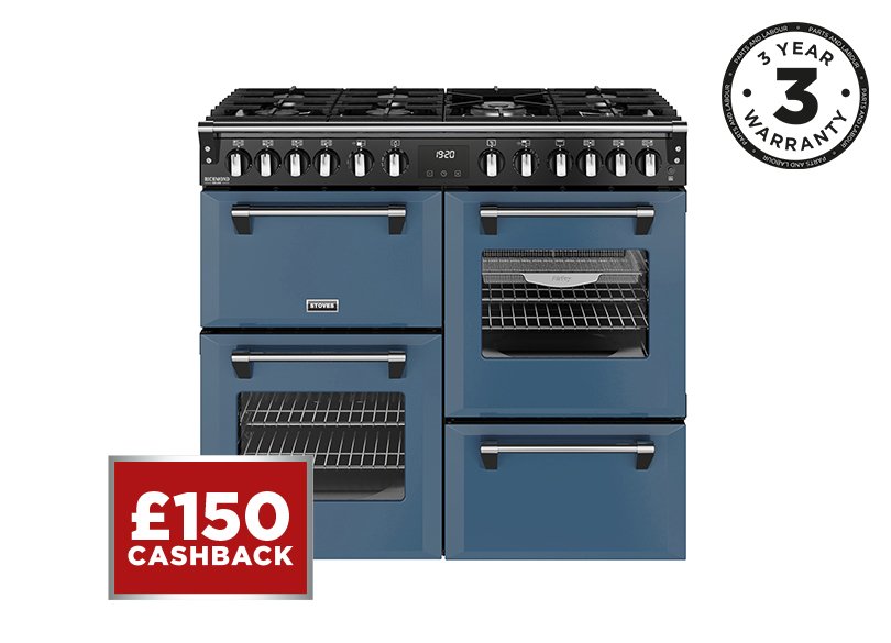 100cm Dual fuel range cooker with a 7 burner gas hob, conventional oven & grill, multifunction main oven with TrueTemp, AirFry & SteamCleanse, fanned second oven and dedicated slow cook oven