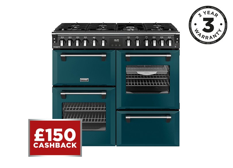 100cm Dual fuel range cooker with a 7 burner gas hob, conventional oven & grill, multifunction main oven with TrueTemp, AirFry & SteamCleanse, fanned second oven and dedicated slow cook oven