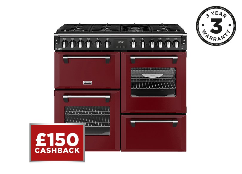 100cm Dual fuel range cooker with a 7 burner gas hob, conventional oven & grill, multifunction main oven with TrueTemp, AirFry & SteamCleanse, fanned second oven and dedicated slow cook oven