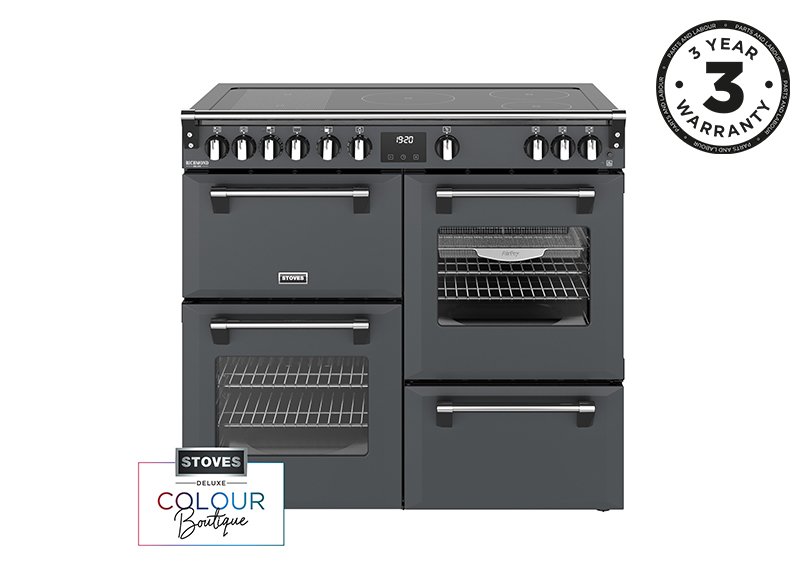 100cm Electric range cooker with a 5 zone rotary control induction hob, conventional oven & grill, multifunction main oven with TrueTemp, AirFry & SteamCleanse, fanned second oven and dedicated slow cook oven