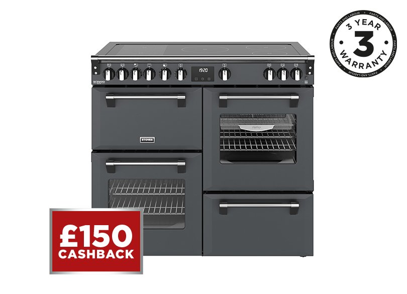 100cm Electric range cooker with a 5 zone rotary control induction hob, conventional oven & grill, multifunction main oven with TrueTemp, AirFry & SteamCleanse, fanned second oven and dedicated slow cook oven
