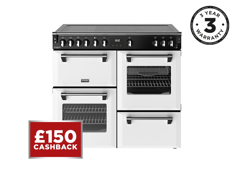 100cm Electric range cooker with a 5 zone rotary control induction hob, conventional oven & grill, multifunction main oven with TrueTemp, AirFry & SteamCleanse, fanned second oven and dedicated slow cook oven