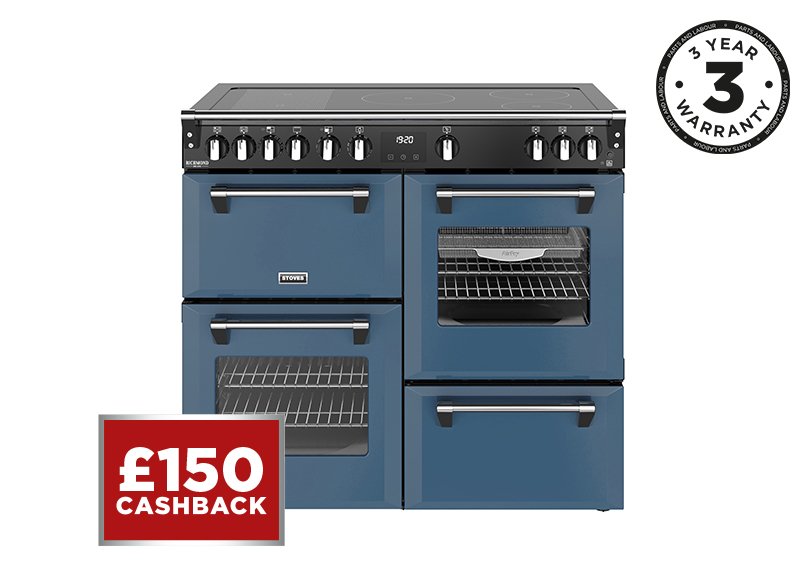 100cm Electric range cooker with a 5 zone rotary control induction hob, conventional oven & grill, multifunction main oven with TrueTemp, AirFry & SteamCleanse, fanned second oven and dedicated slow cook oven