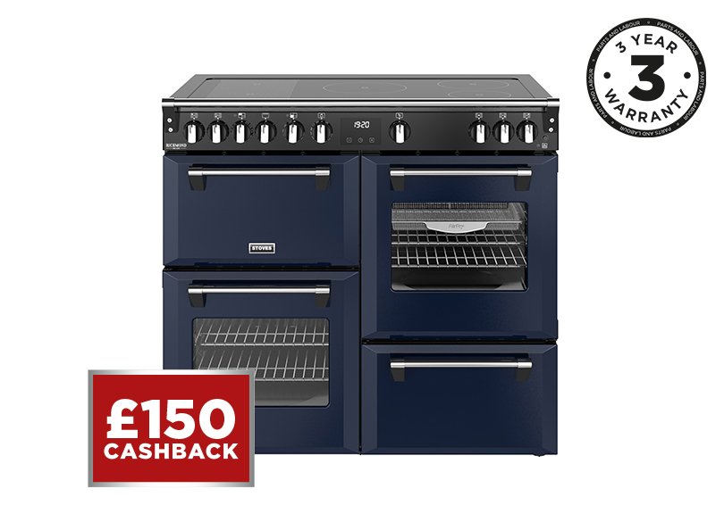 100cm Electric range cooker with a 5 zone rotary control induction hob, conventional oven & grill, multifunction main oven with TrueTemp, AirFry & SteamCleanse, fanned second oven and dedicated slow cook oven