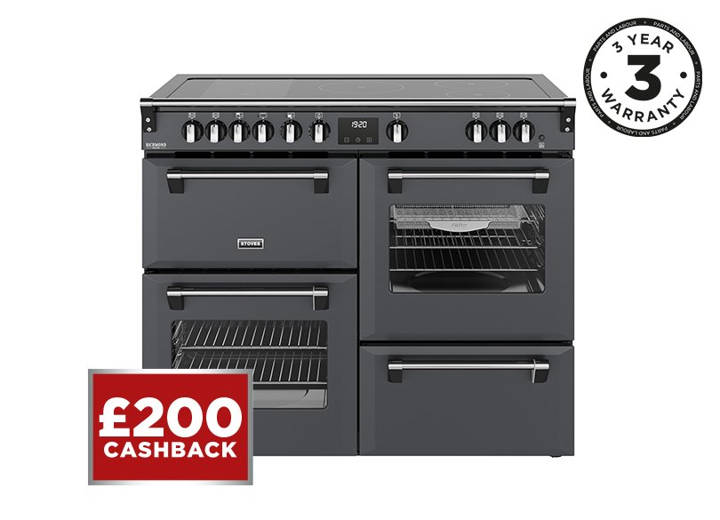 110cm Electric range cooker with a 5 zone rotary control induction hob, conventional oven & grill, multifunction main oven with TrueTemp, AirFry & SteamCleanse, fanned second oven and dedicated slow cook oven
