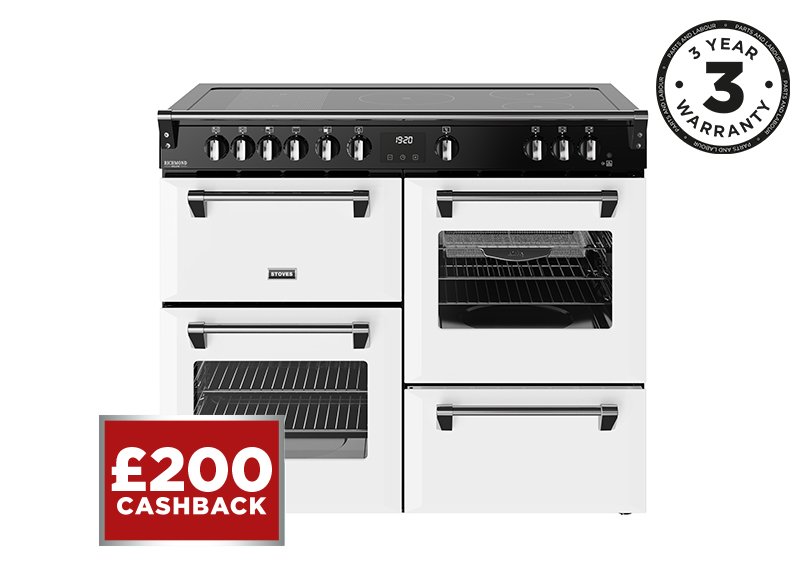 110cm Electric range cooker with a 5 zone rotary control induction hob, conventional oven & grill, multifunction main oven with TrueTemp, AirFry & SteamCleanse, fanned second oven and dedicated slow cook oven