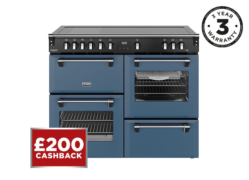 110cm Electric range cooker with a 5 zone rotary control induction hob, conventional oven & grill, multifunction main oven with TrueTemp, AirFry & SteamCleanse, fanned second oven and dedicated slow cook oven