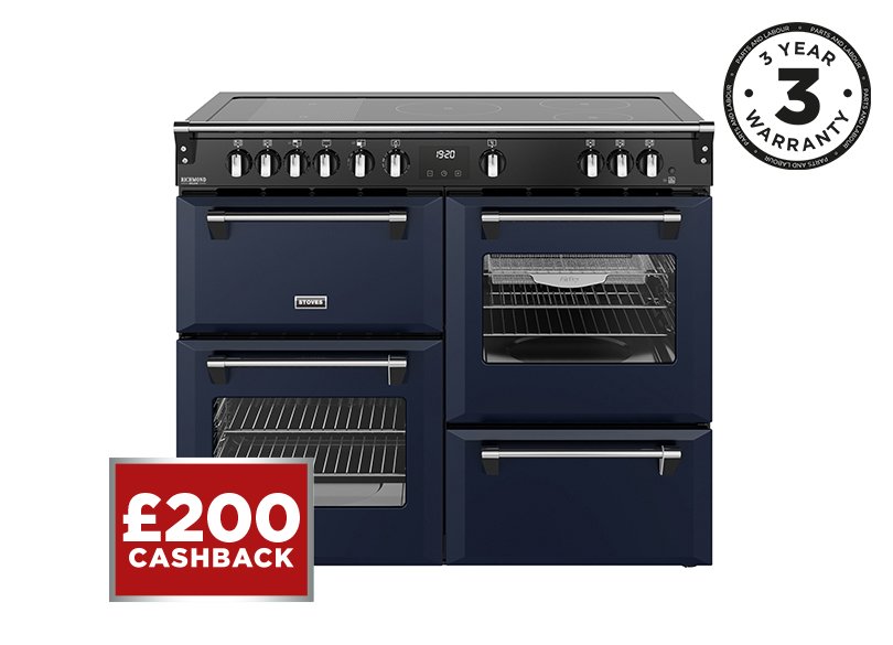 110cm Electric range cooker with a 5 zone rotary control induction hob, conventional oven & grill, multifunction main oven with TrueTemp, AirFry & SteamCleanse, fanned second oven and dedicated slow cook oven