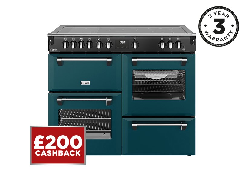 110cm Electric range cooker with a 5 zone rotary control induction hob, conventional oven & grill, multifunction main oven with TrueTemp, AirFry & SteamCleanse, fanned second oven and dedicated slow cook oven
