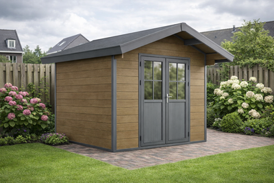 Kunststof_Tuinhuis_Teak_MetZadeldak