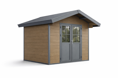 Kunststof_Tuinhuis_Teak_MetZadeldak_Voorkant