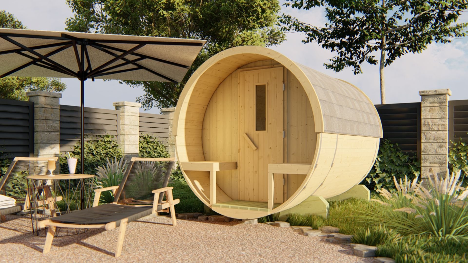 Anio sauna barrel – Ø 1.9 x 3m – 42mm logs