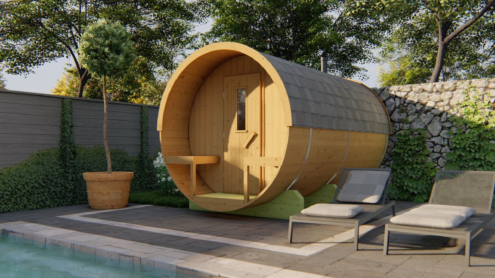 Eevi sauna barrel (Thermowood) – Ø 2.25 x 3.5m