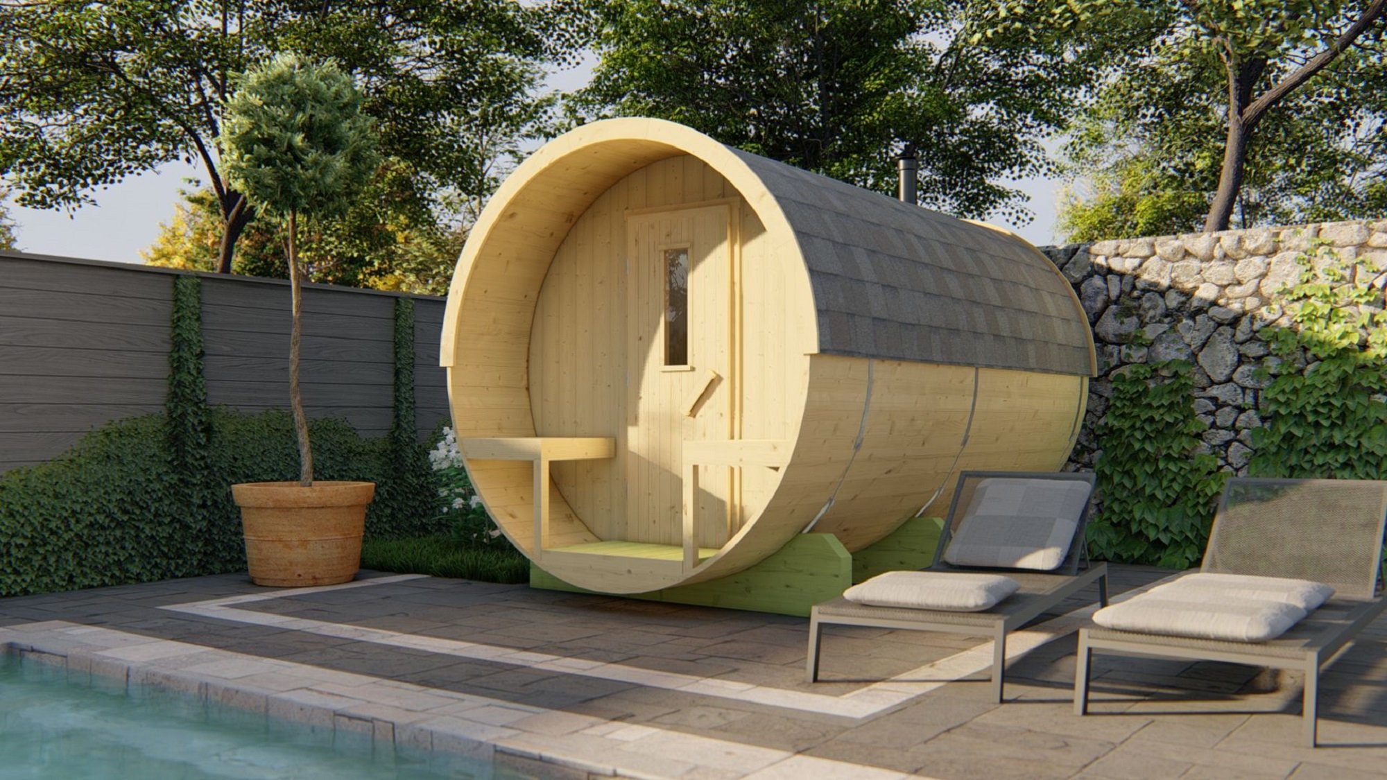 Emilia sauna barrel – Ø 2.25 x 3.5m – 42mm logs