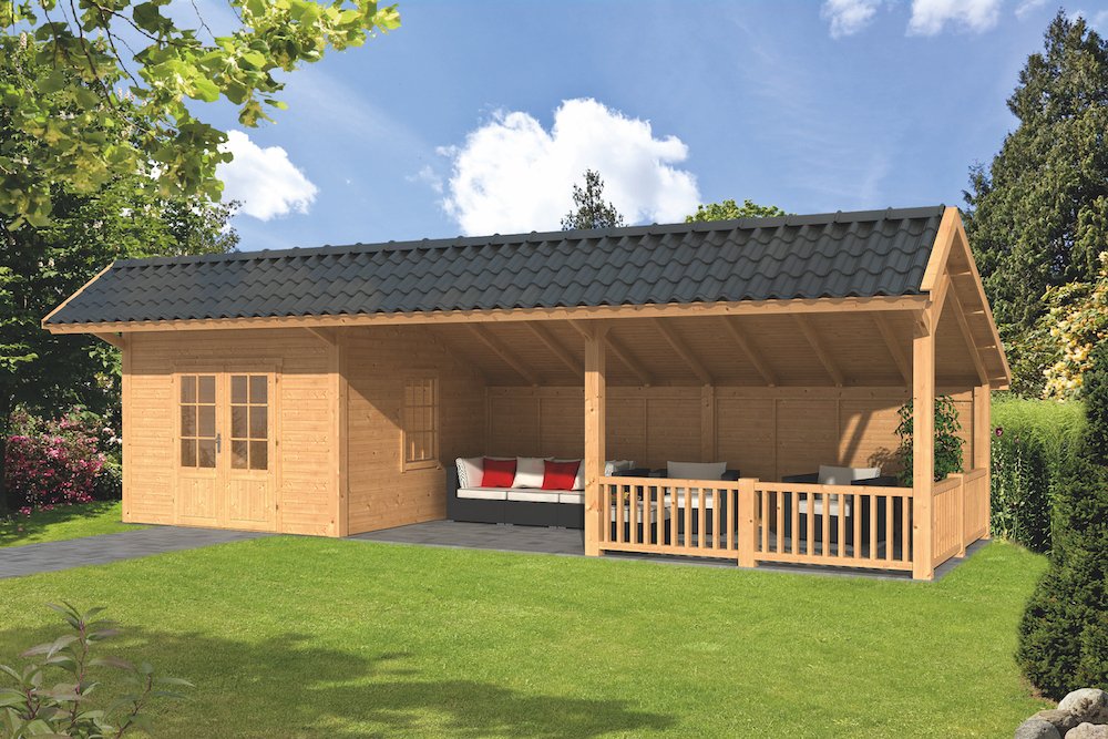 Kapschuur Bergen XL type8 Lariks Geschaafd 989x452cm blanke Wand